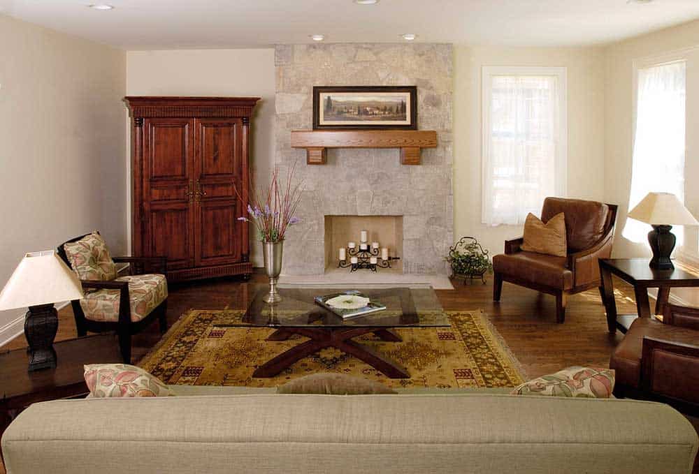 Tuscan Themed Stone Fireplace within the Living Room