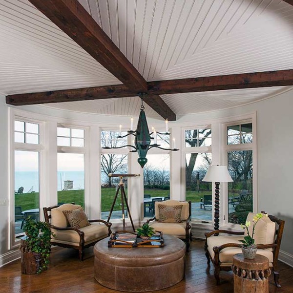 Study with Beamed Ceiling and Floor-to-Ceiling Windows