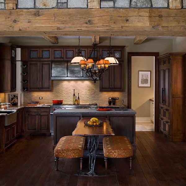 Kitchen with Wide Wood Plank Flooring & Rough Cut Beams