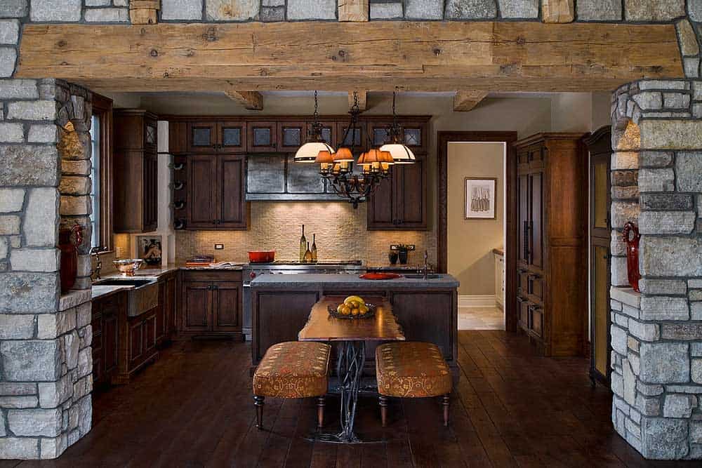 Kitchen with Wide Wood Plank Flooring & Rough Cut Beams