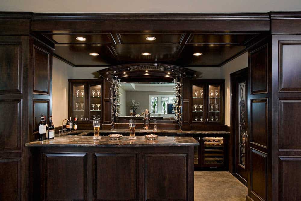 Detailed Basement Bar with Detailed Shelving and Counters