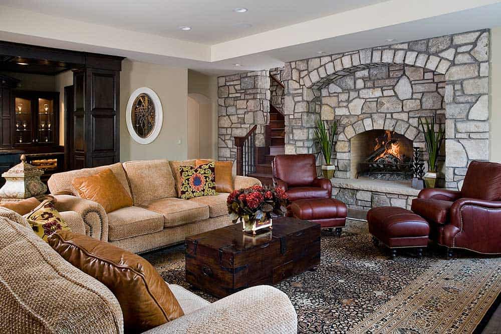 Detailed Stonework around a Wood Burning Fireplace in the Family Room