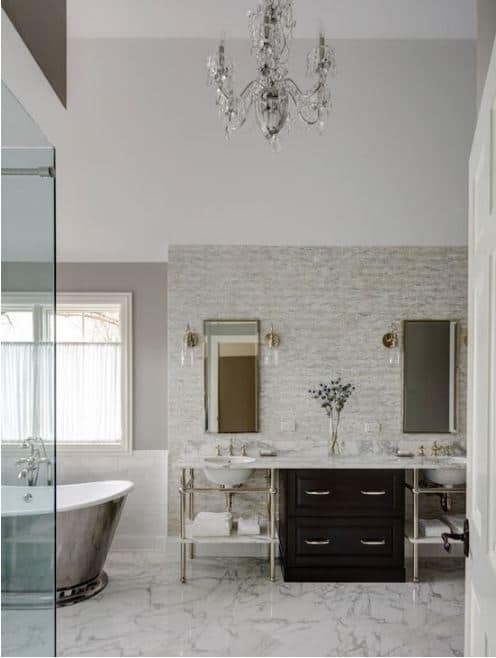 Glenview, IL master bathroom featuring a classy chandelier