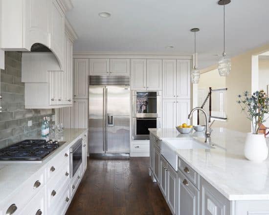 A Glenview, IL Kitchen that features a Apron Front Kitchen Sink and Hand-Scraped Hardwood Floors