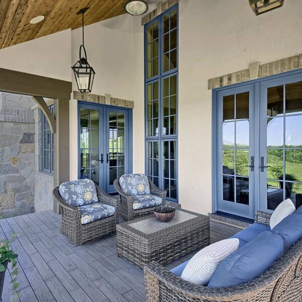 french blue doors and windows on screen porch