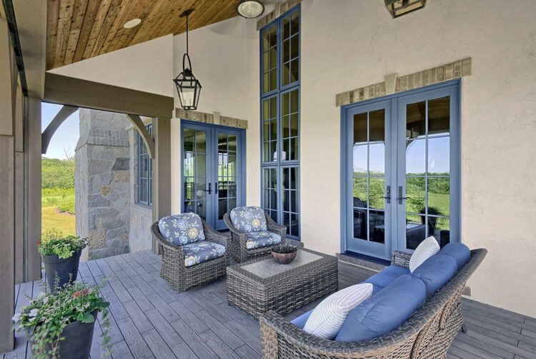 french blue doors and windows on screen porch