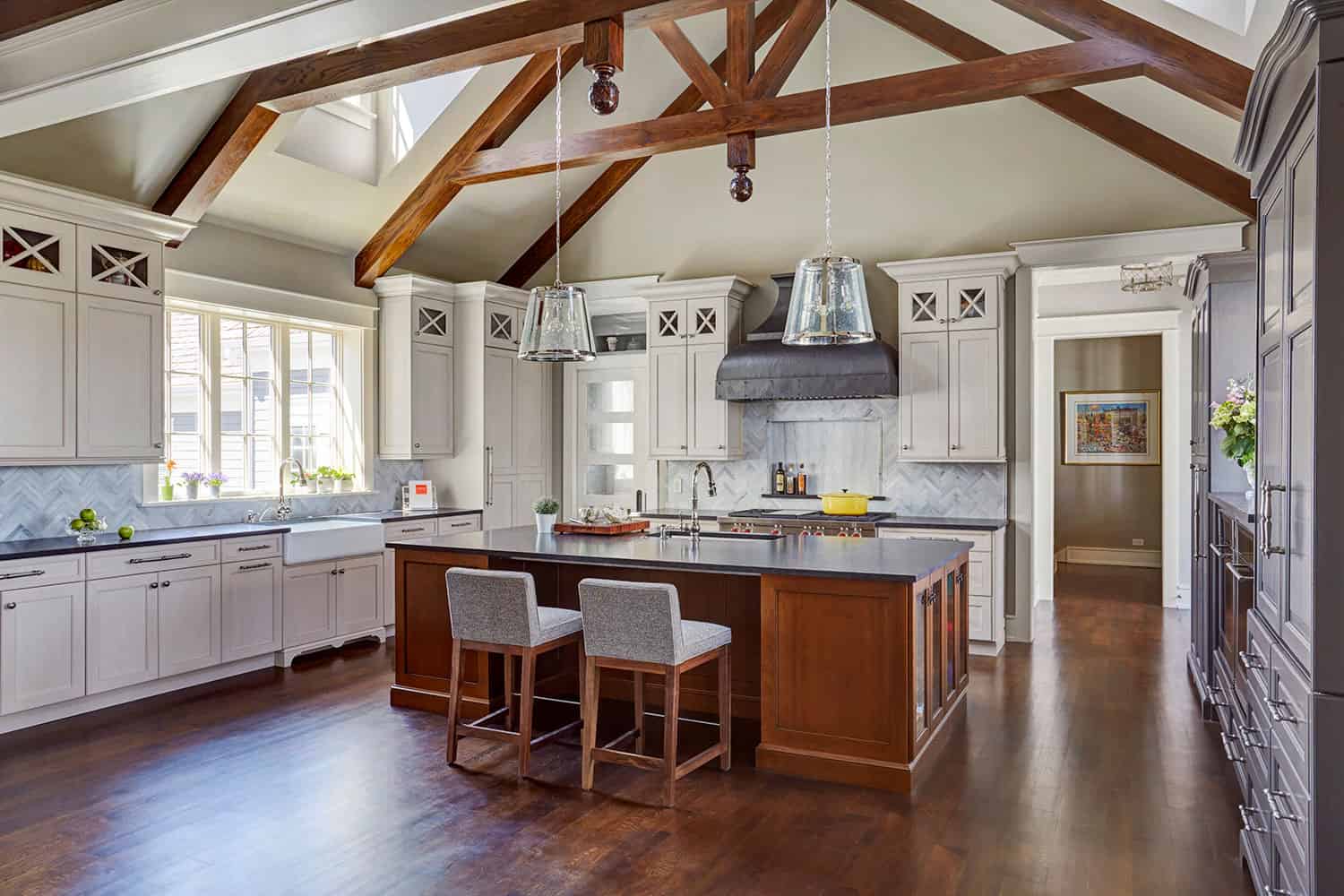 large-kitchen-white-and-cherry-cabinetry-beamed-ceiling-mundelein-illinois