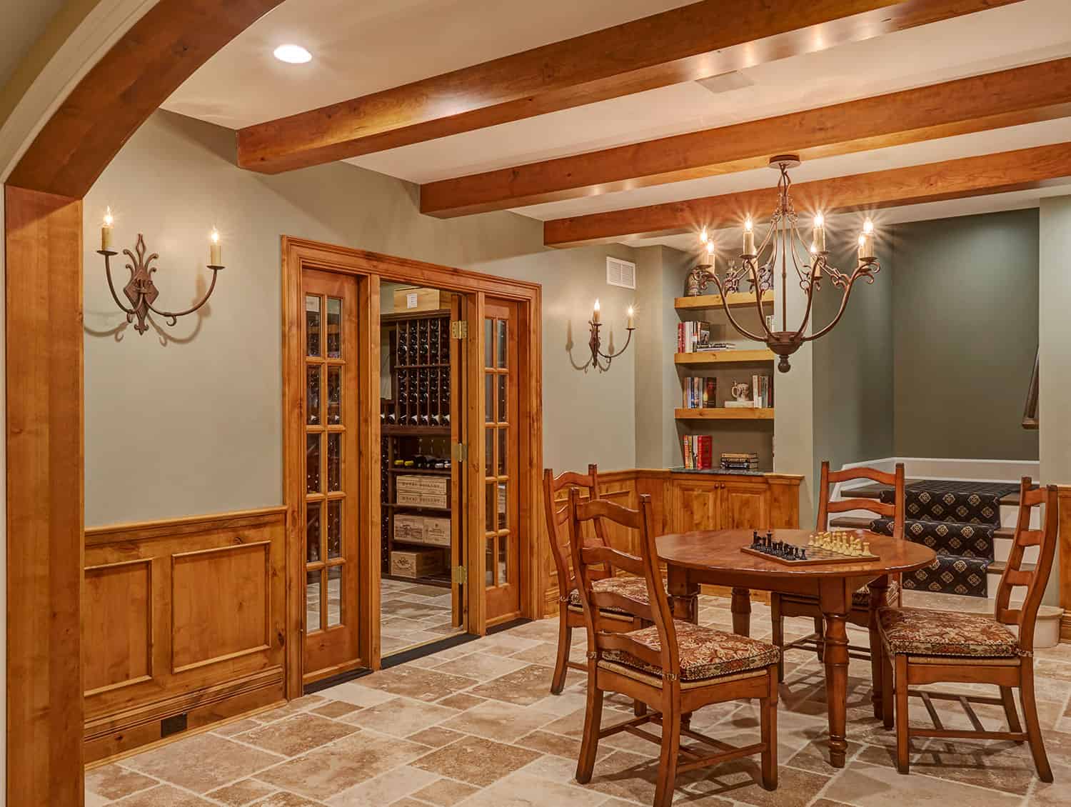 basement-gameroom-beamed-ceiling-limestone-flooring