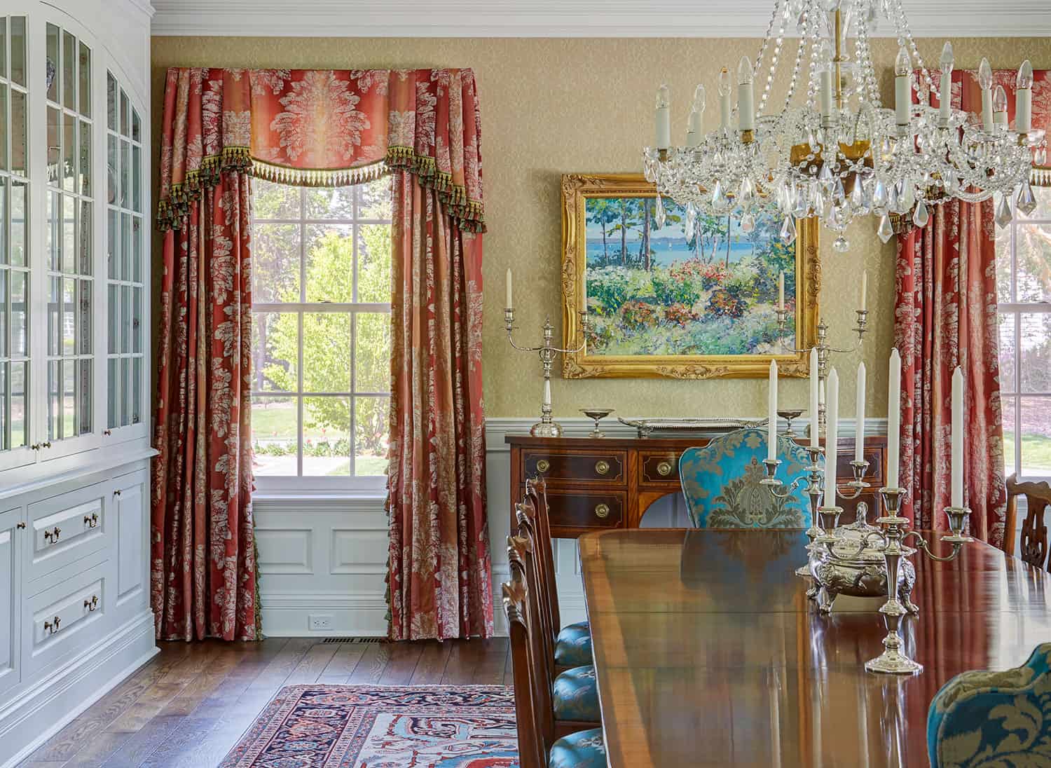 formal-dining-room-large-crystal-chandelier-custom-silk-draperies