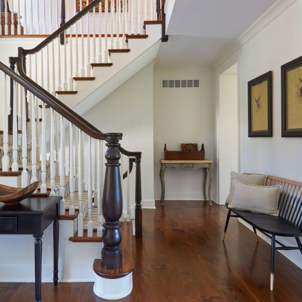 front-entry-stair-pine-flooring-windsor-bench