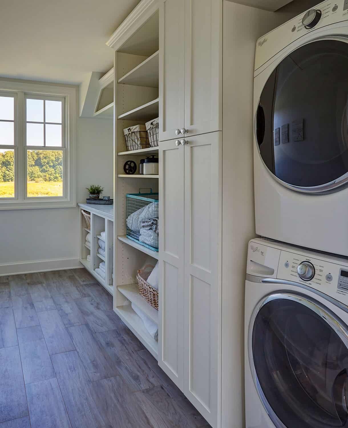 laundry-room-stacked-washer-dryer-open-shelving