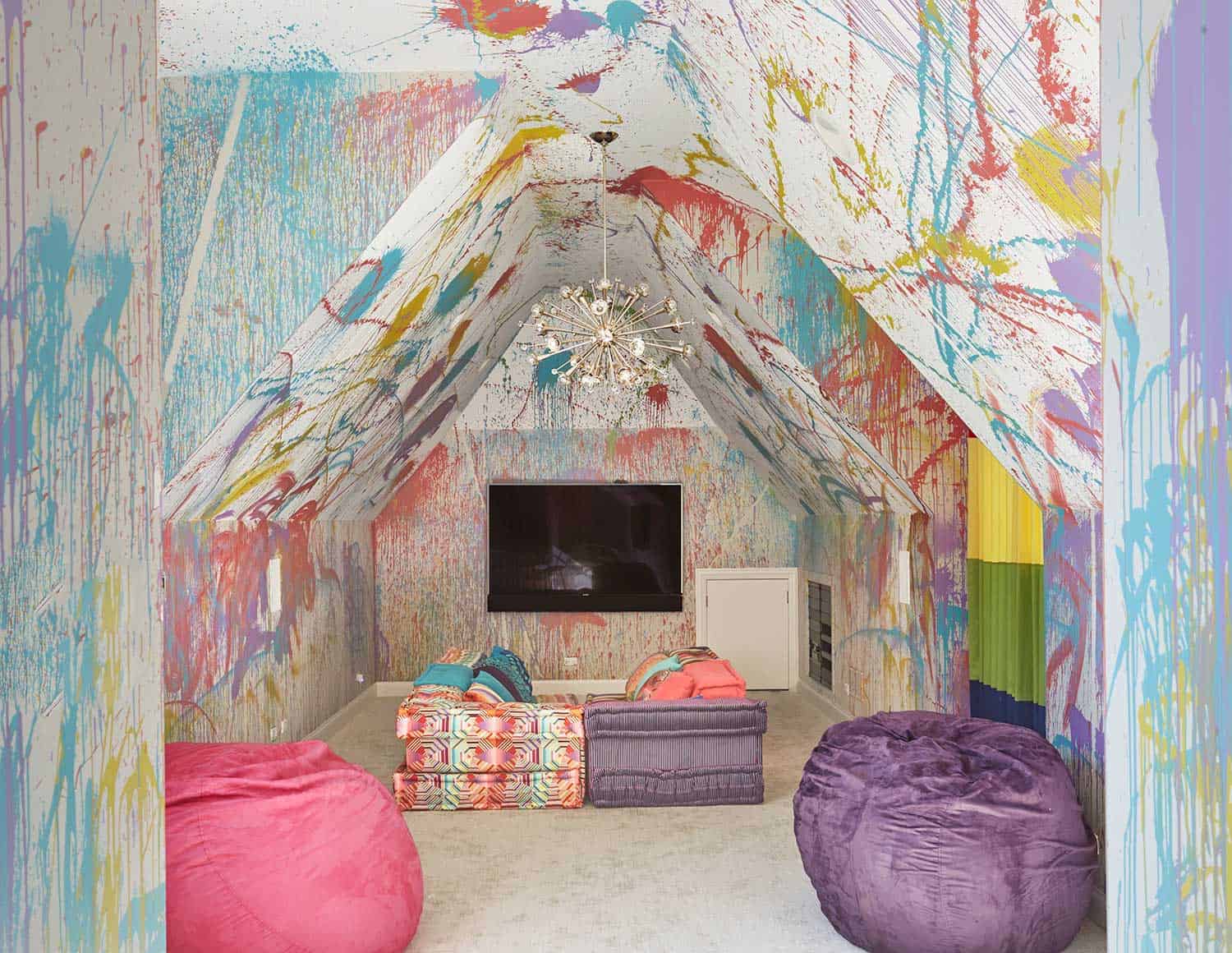 childs playroom colorful paint splattered walls