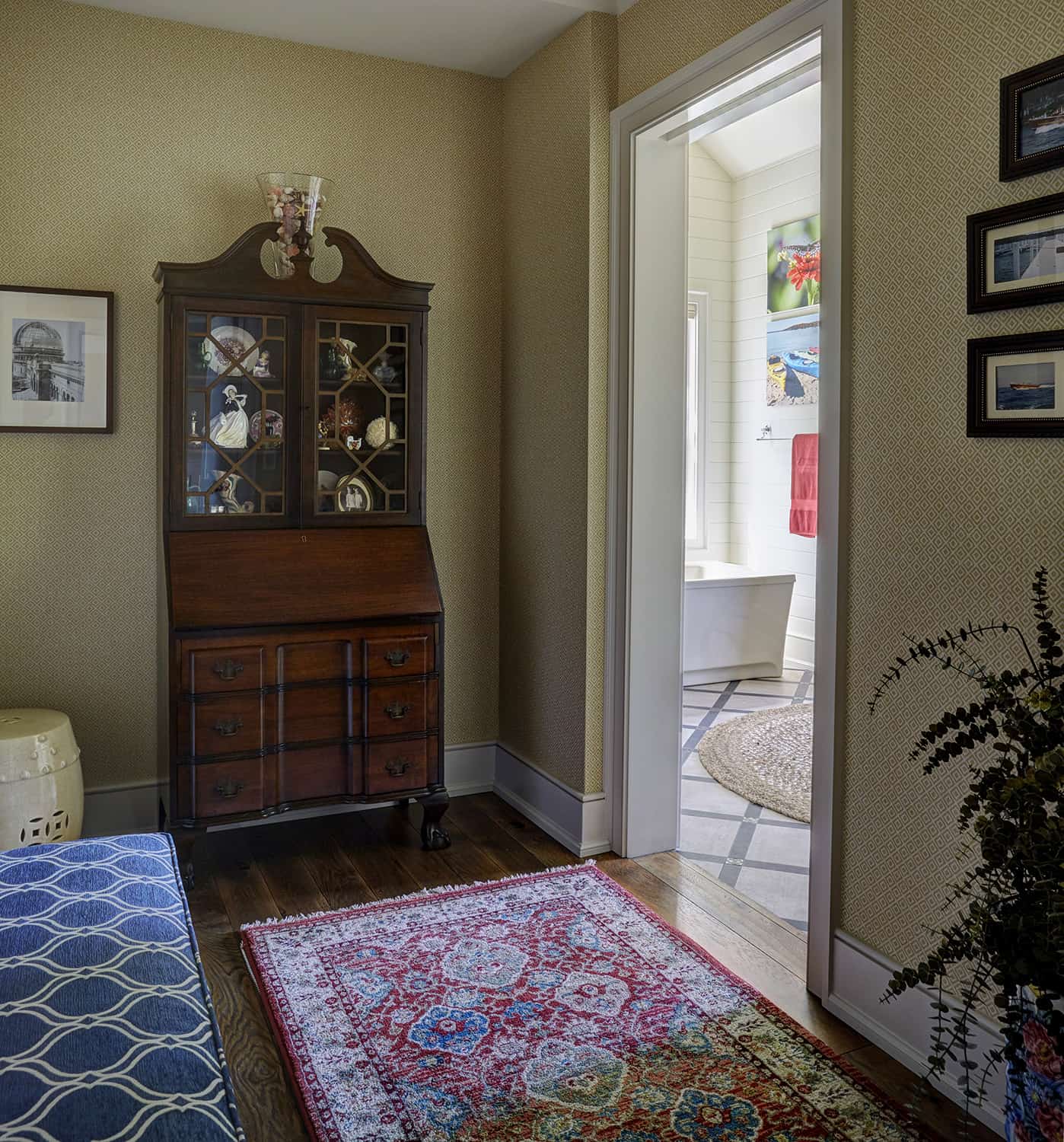 antique chest at entry to master bathroom