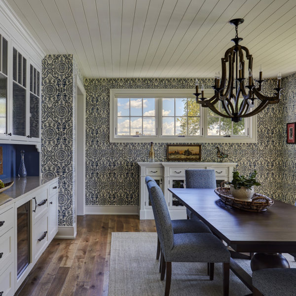 blue-and-white-dining-room-with-shiplap-ceiling dining room with shiplap ceiling and patterned wallpaper