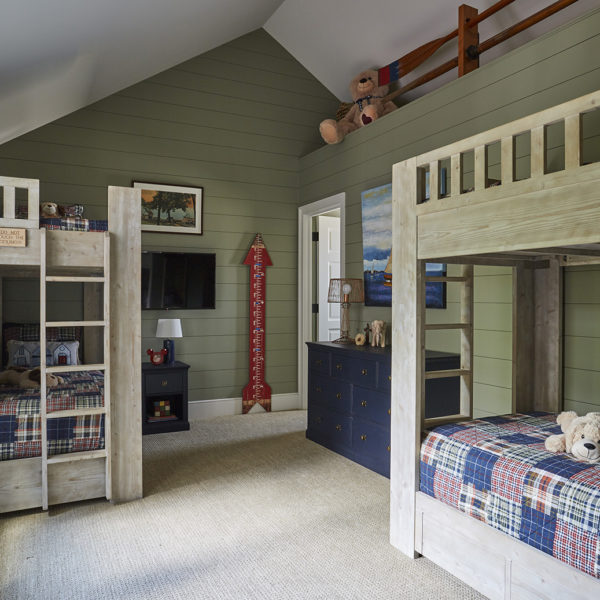 bunkroom-with-painted-green-shiplap-walls bunkroom with green shiplap walls