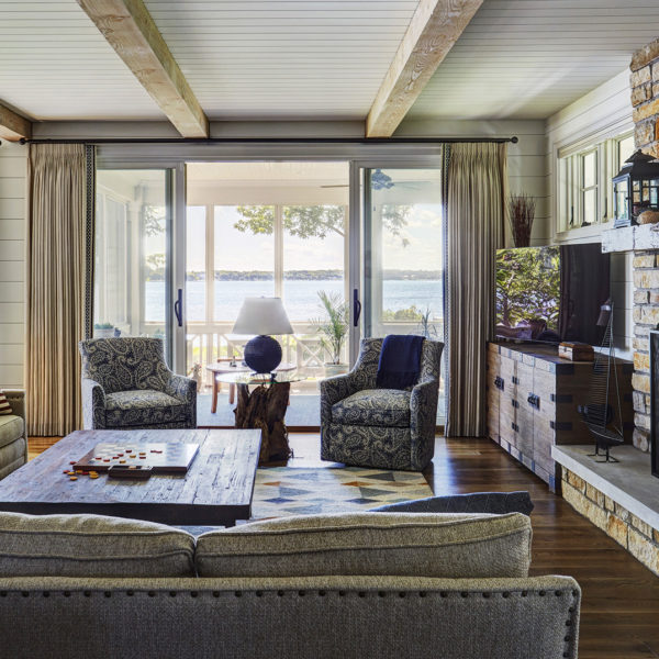 great-room-with-wood-accent-beams-lake-view great room with view of lake geneva