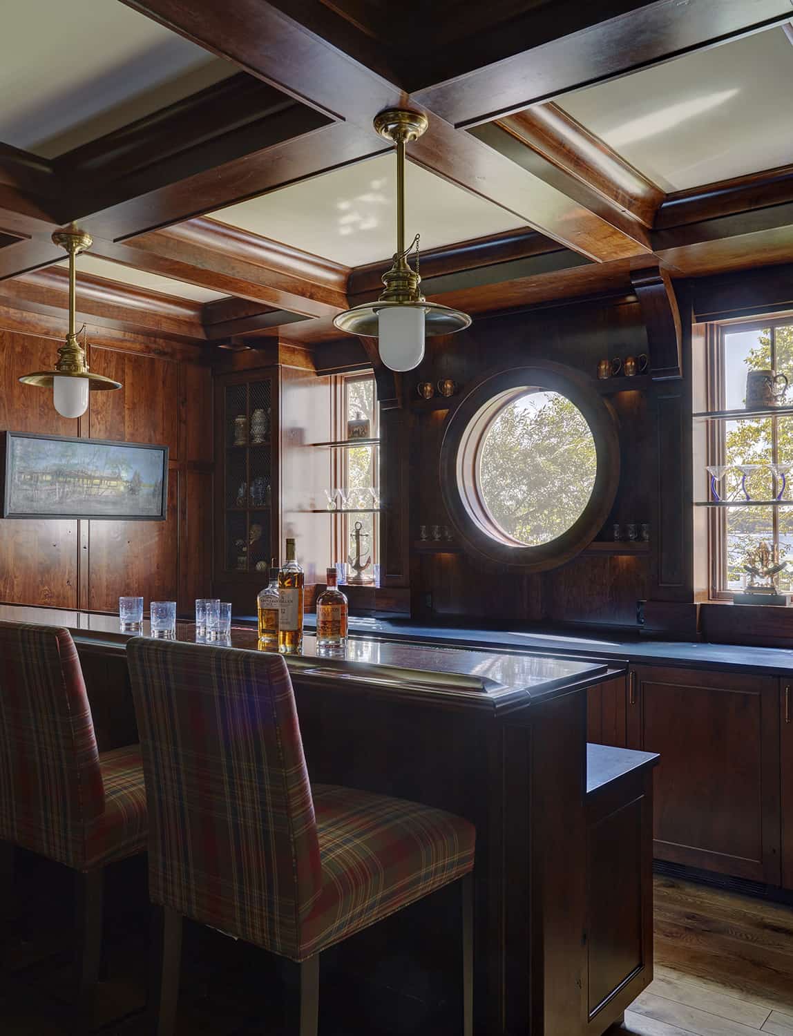 home bar with porthole window view