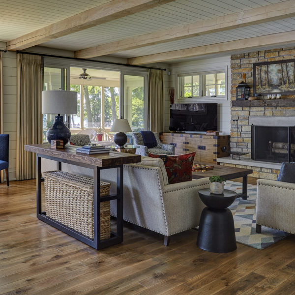 living-room-stone-fireplace-wood-ceiling-beams great room with ceiling beam details