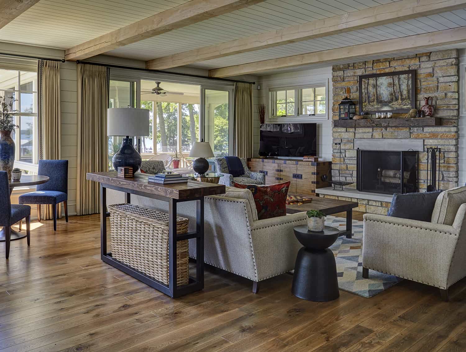 great room with ceiling beam details