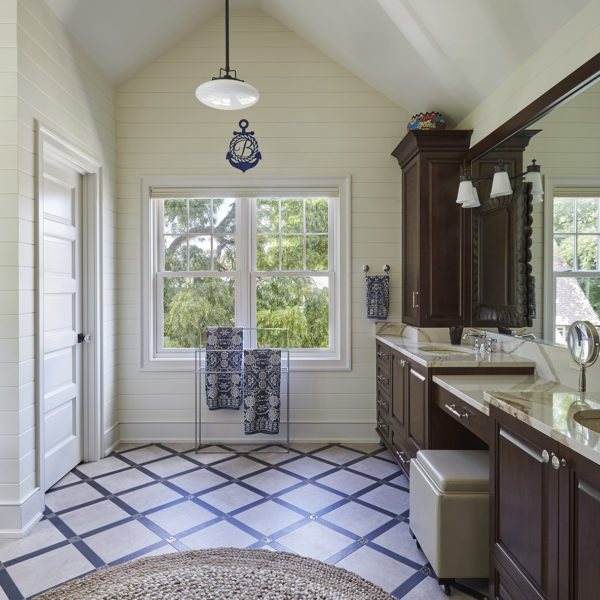 master-bath-with-vaulted-ceiling-dark-wood-cabinetry vaulter ceiling in master bath