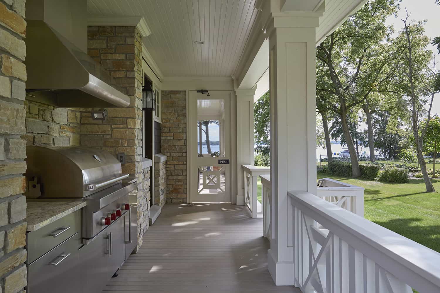 outdoor kitchen with view of lake geneva