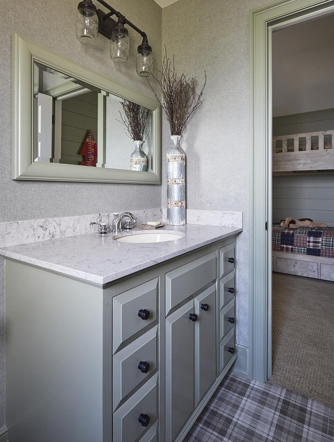 green vanity with plaid vinyl flooring