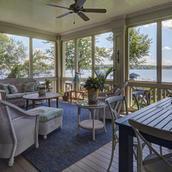 screen-porch-trex-decking-beadboard-ceiling screen porch with view of lake geneva
