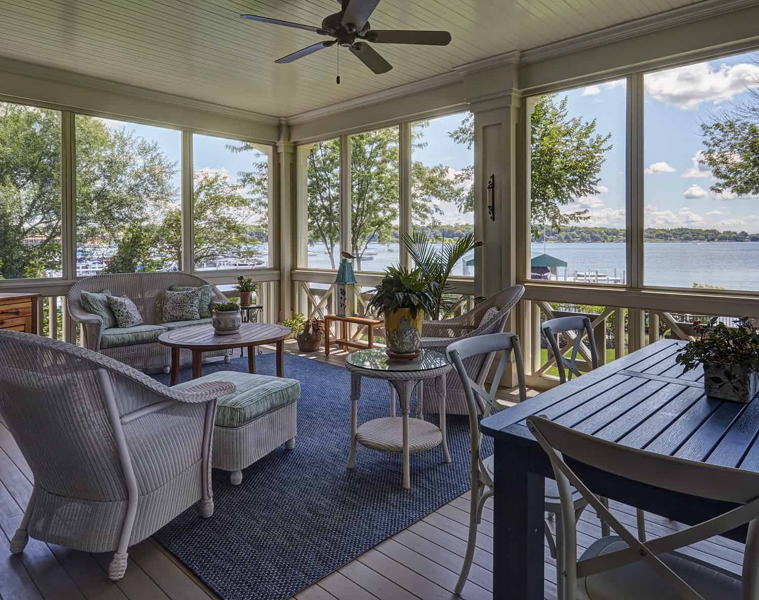 screen porch with view of lake geneva