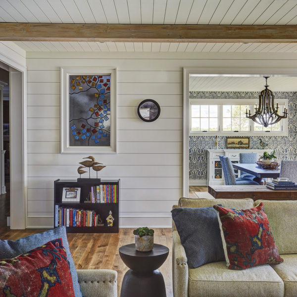 white-shiplap-walls-art-glass-interior-window white shiplap walls and ceiling