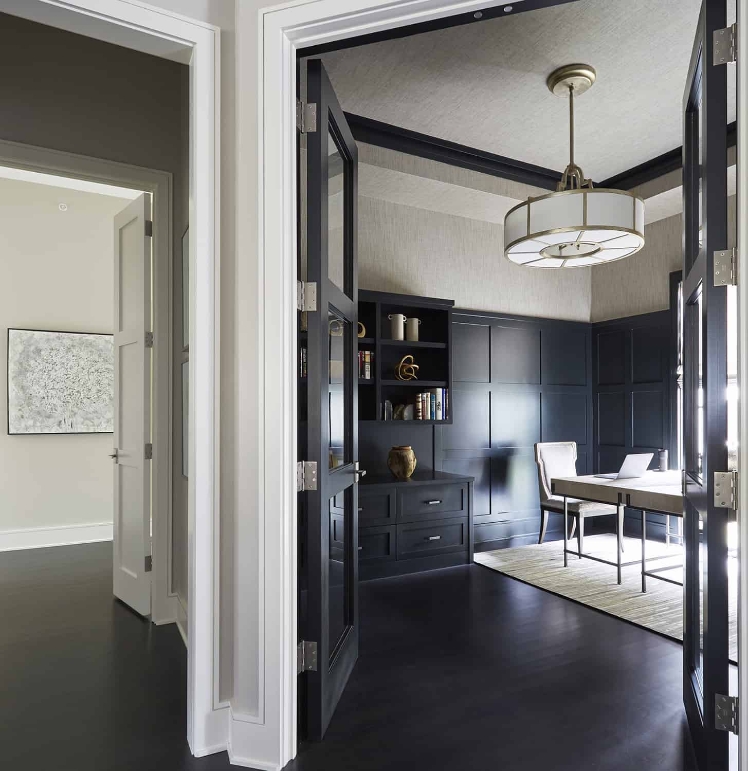 home office with dark wood wainscotting