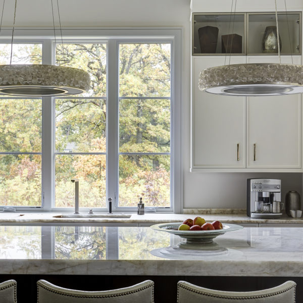 detail of ceiling pendants over island