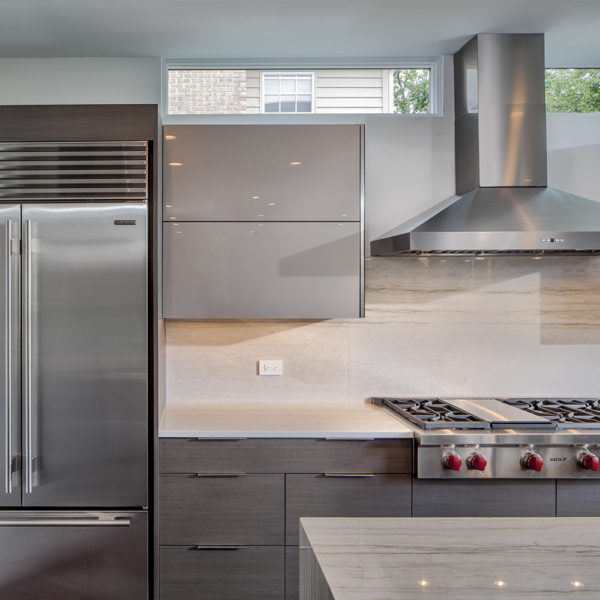 dark gray cabinetry and contemporary clerestory windows