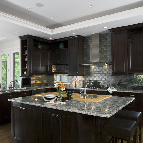 dark wood kitchen with tray ceiling