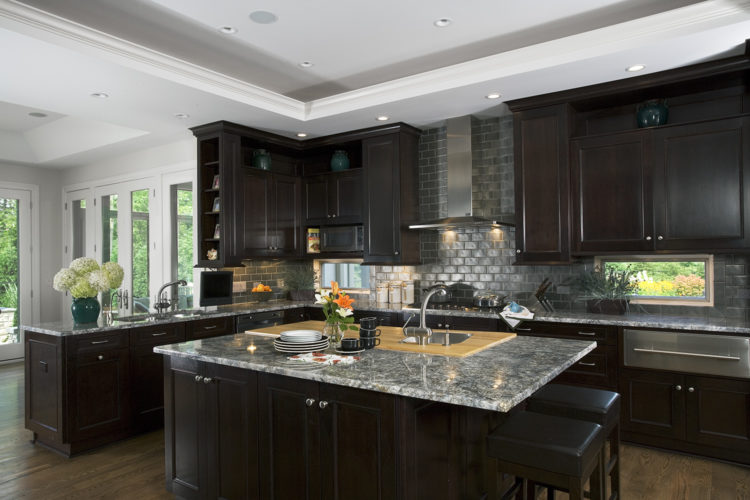 dark wood kitchen with tray ceiling