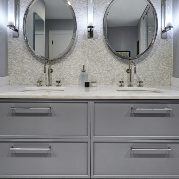 contemporary gray cabinets with oval wall mirrors