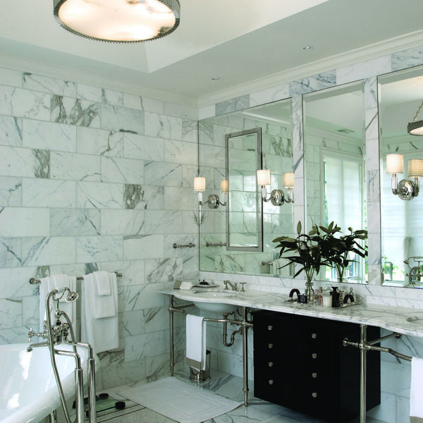 marble wall tiles and dual washstand sinks