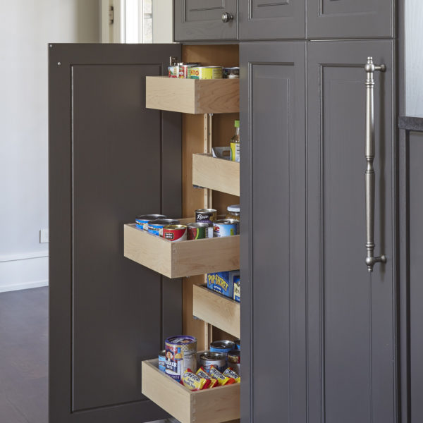 gray cabinetry with pullout shelves