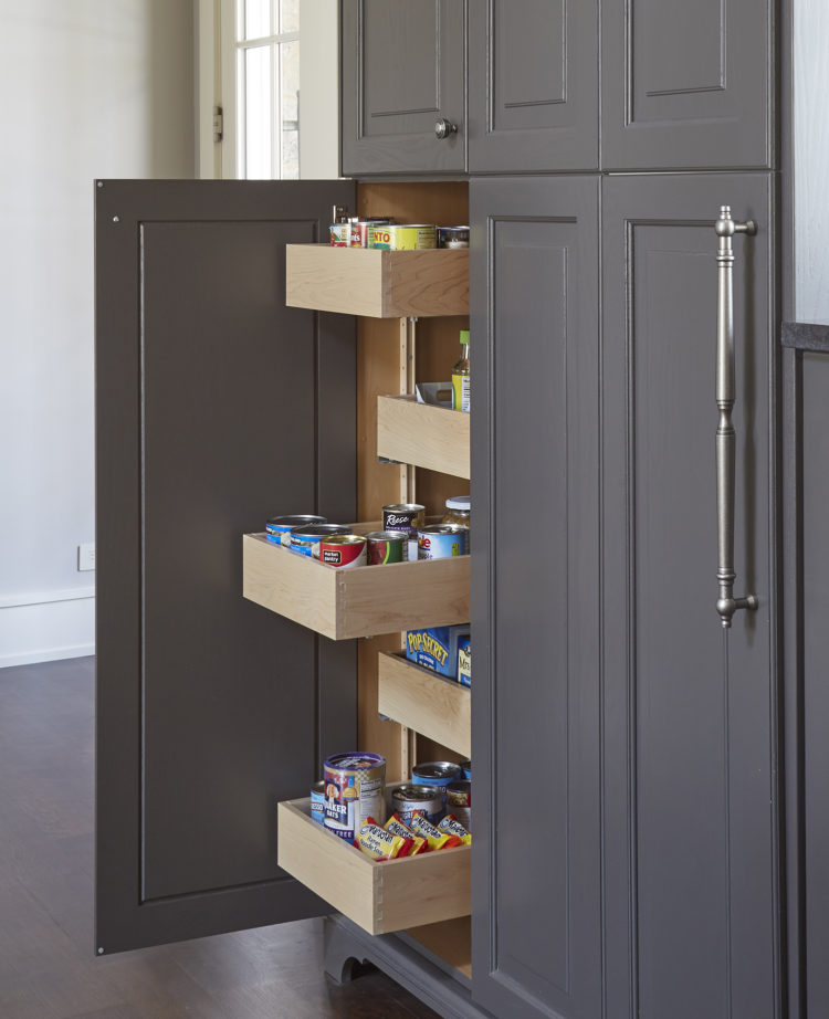 gray cabinetry with pullout shelves