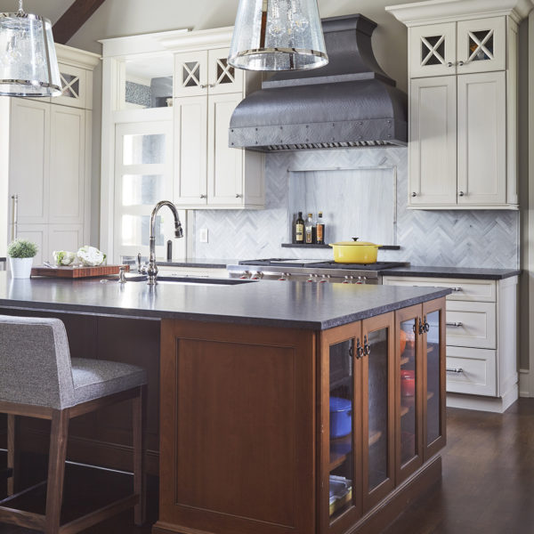 island with glass fronted cabinetry