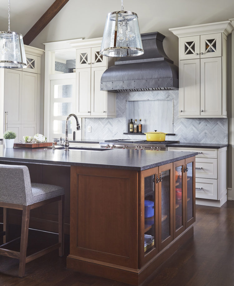 island with glass fronted cabinetry