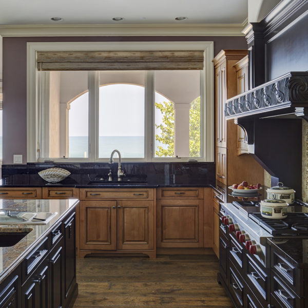 mixed wood kitchen with lake view
