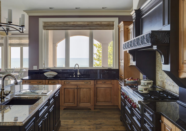 mixed wood kitchen with lake view