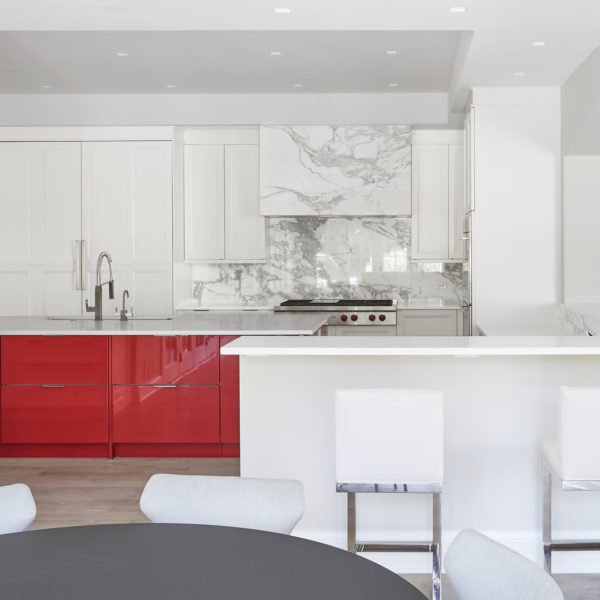 high end woodmode kitchen with red laquered cabinets