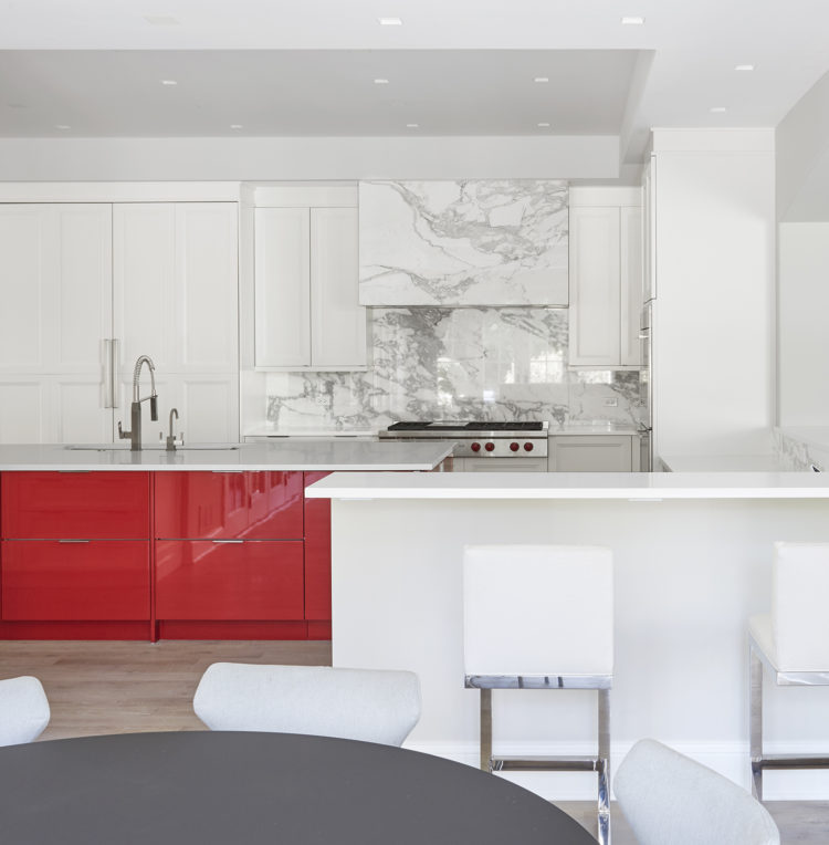 high end woodmode kitchen with red laquered cabinets