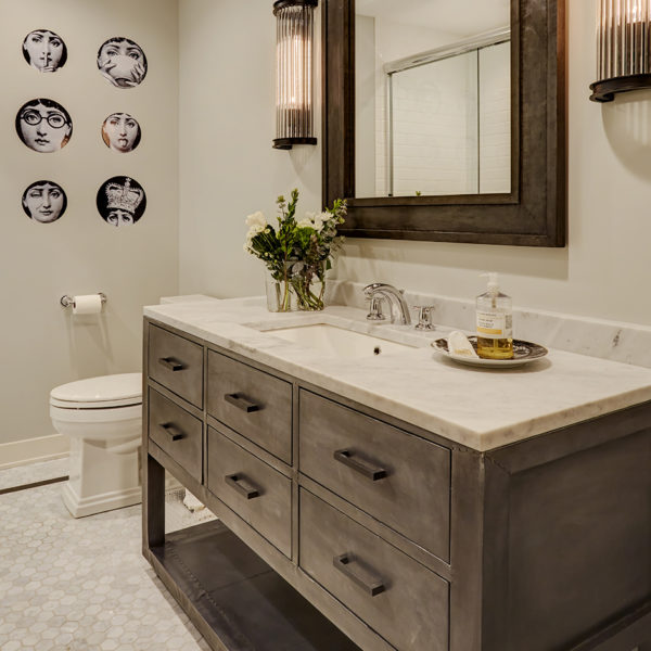rustic wood vanity and marble hex floor tiles