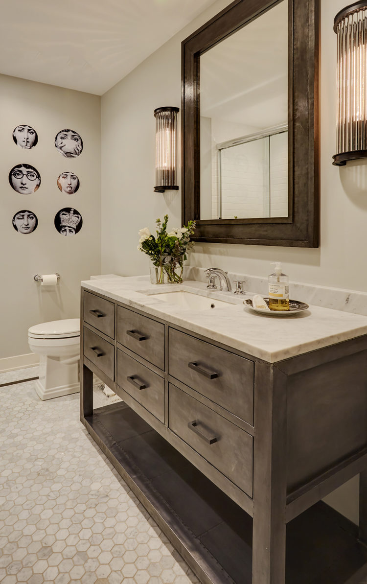 rustic wood vanity and marble hex floor tiles