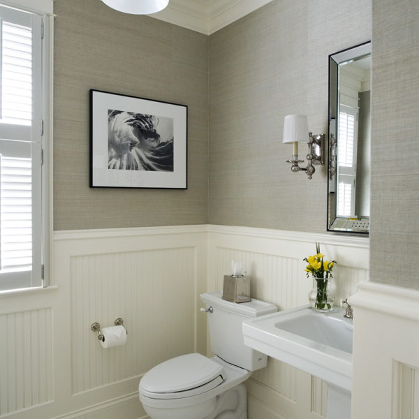 mosaic floor tile and traditional wainscot bathroom
