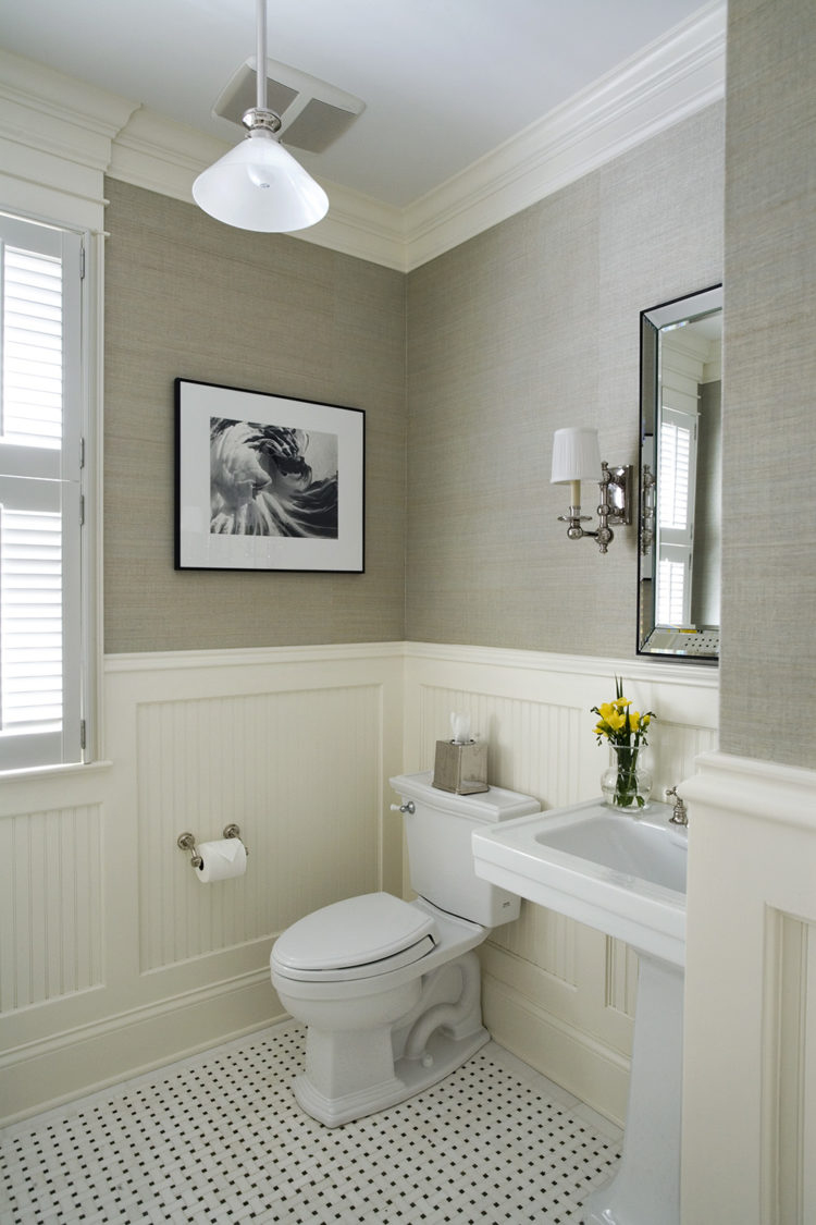 mosaic floor tile and traditional wainscot bathroom