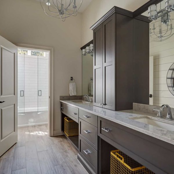rustic wood vanity with metal accessories