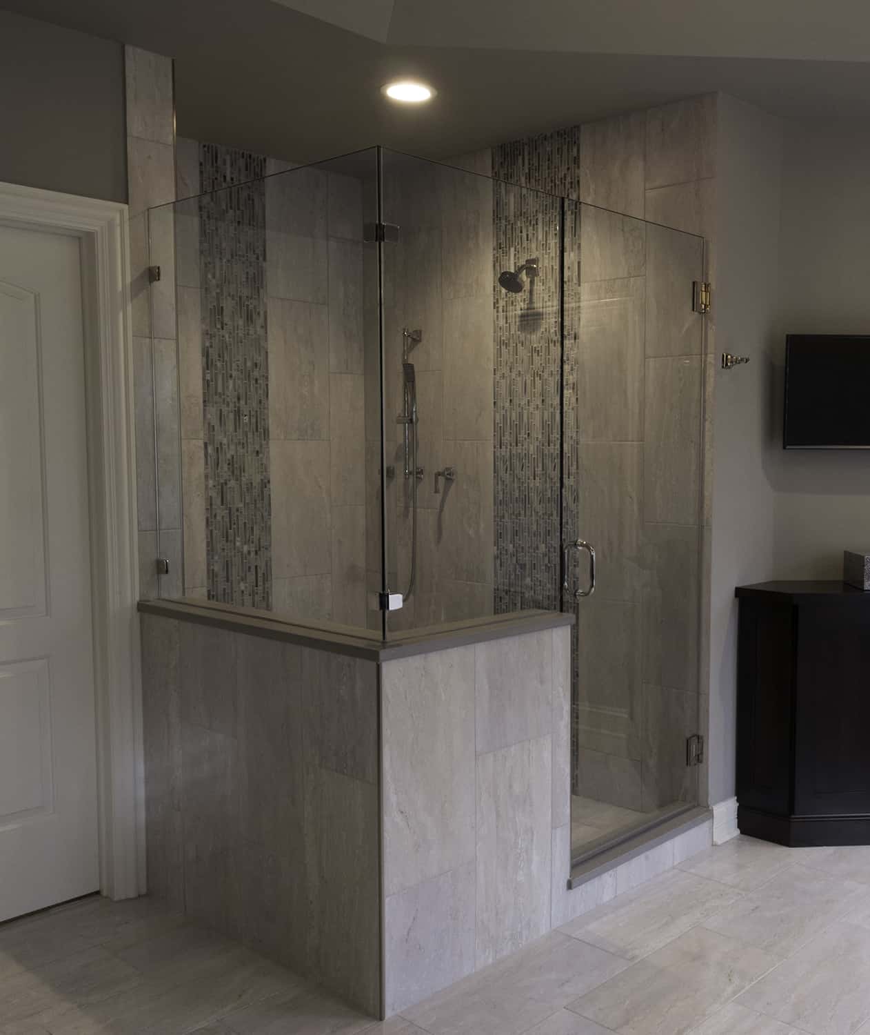 contemporary walking shower with tile accents